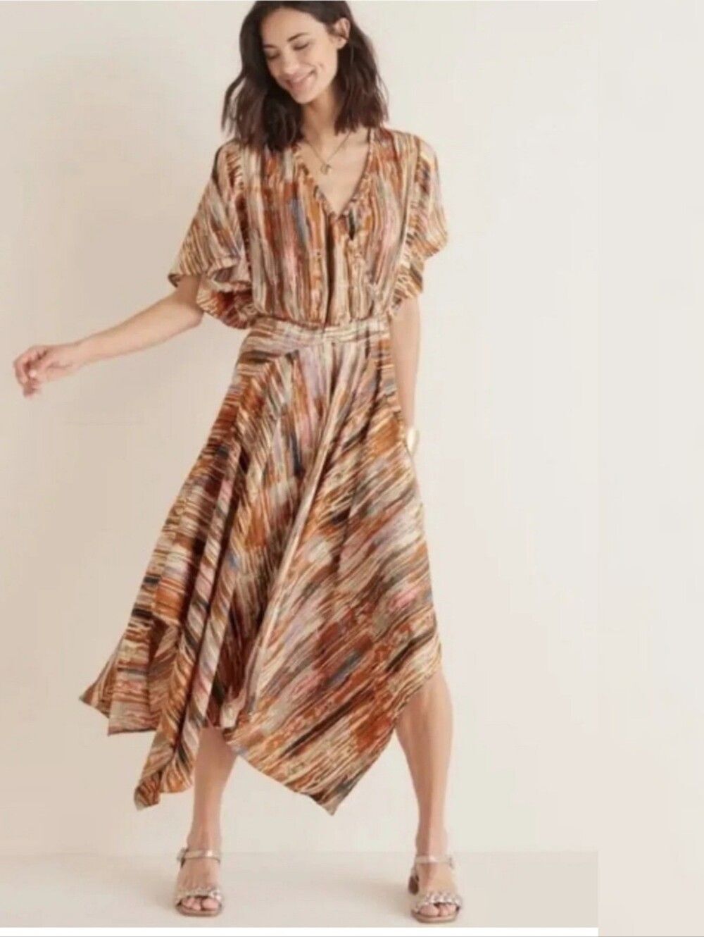Soft Surrounding Cyra Midi Asymmetrical  Empire Waist Dress Painted Stripe XL